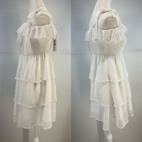 Square Neck Puff Sleeves Ruffle Midi Dress Boho Swiss Dot Tie Back Smocked Dress - Picture 11 of 17